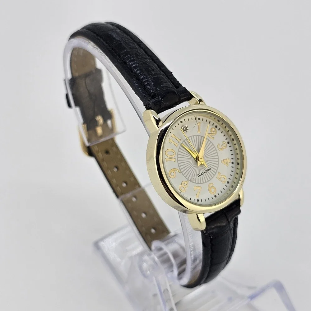 Women's Watch 28MM Cream Dial Black Faux Leather Bands NEW Battery